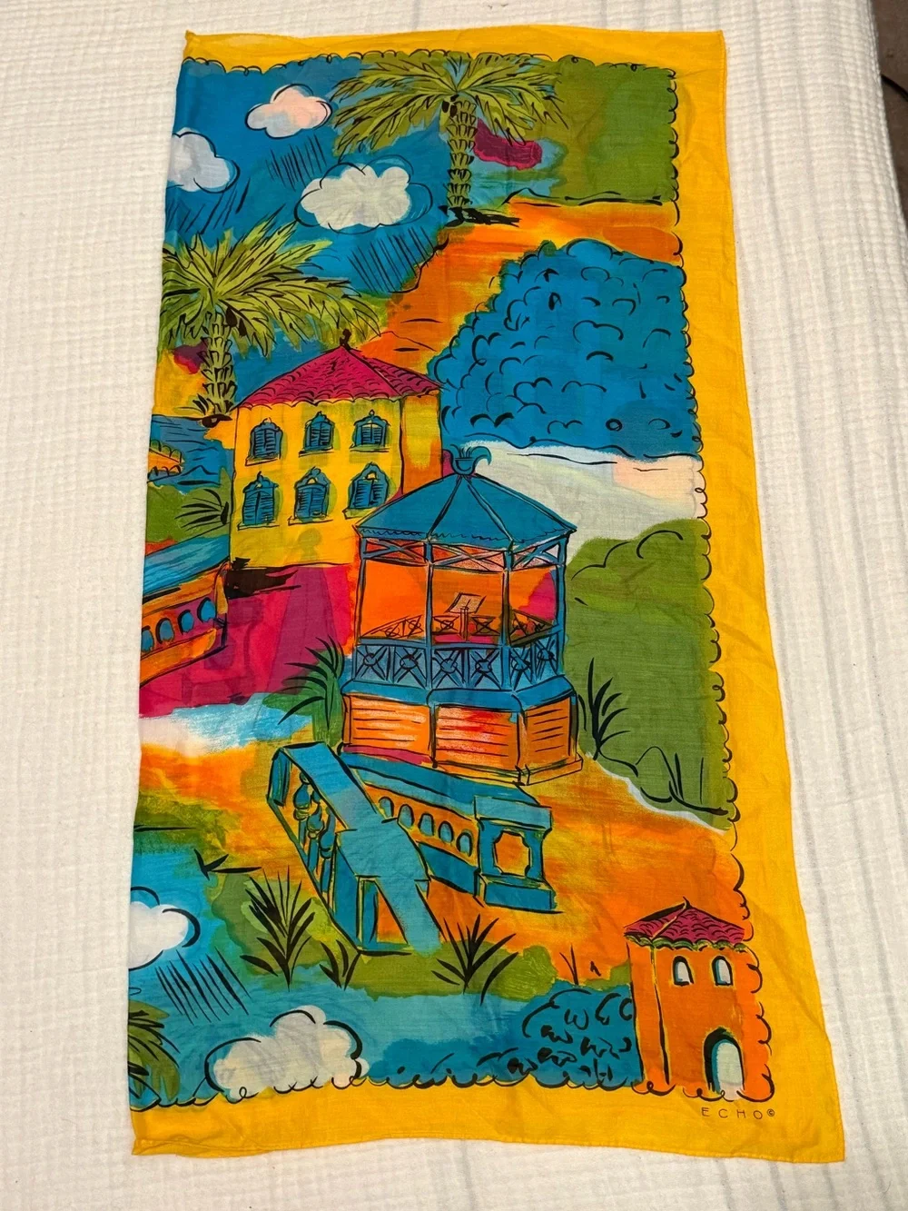 Echo Cotton Scarf Vintage Made In Japan Square Tropical Beach Art To Wear 29x30